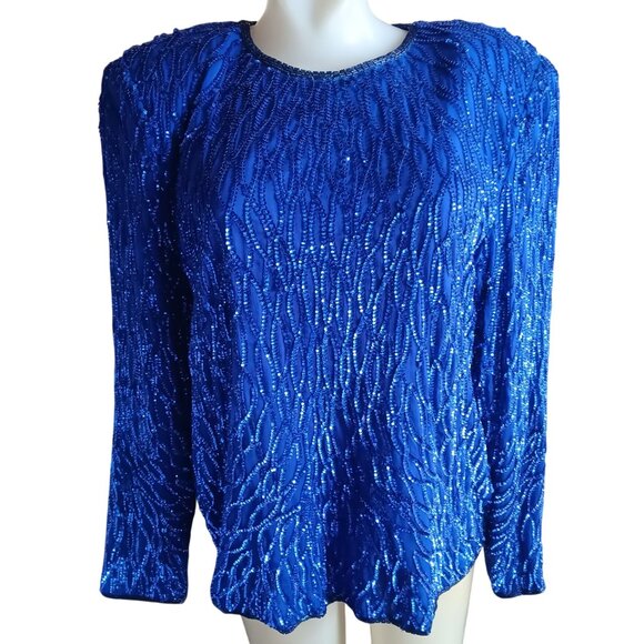 Vintage XL Sequin Blouse NEW NWT Beaded Padded Laurence Kazar Silk 1990's - Picture 2 of 8